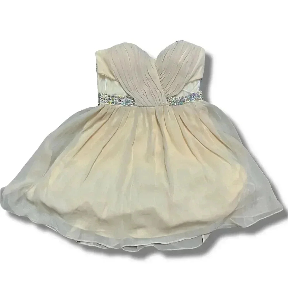 MASQUERADE Beige Strapless Mini Prom Dress Beaded Waistband Sweetheart Size 3/4 - Picture 1 of 12